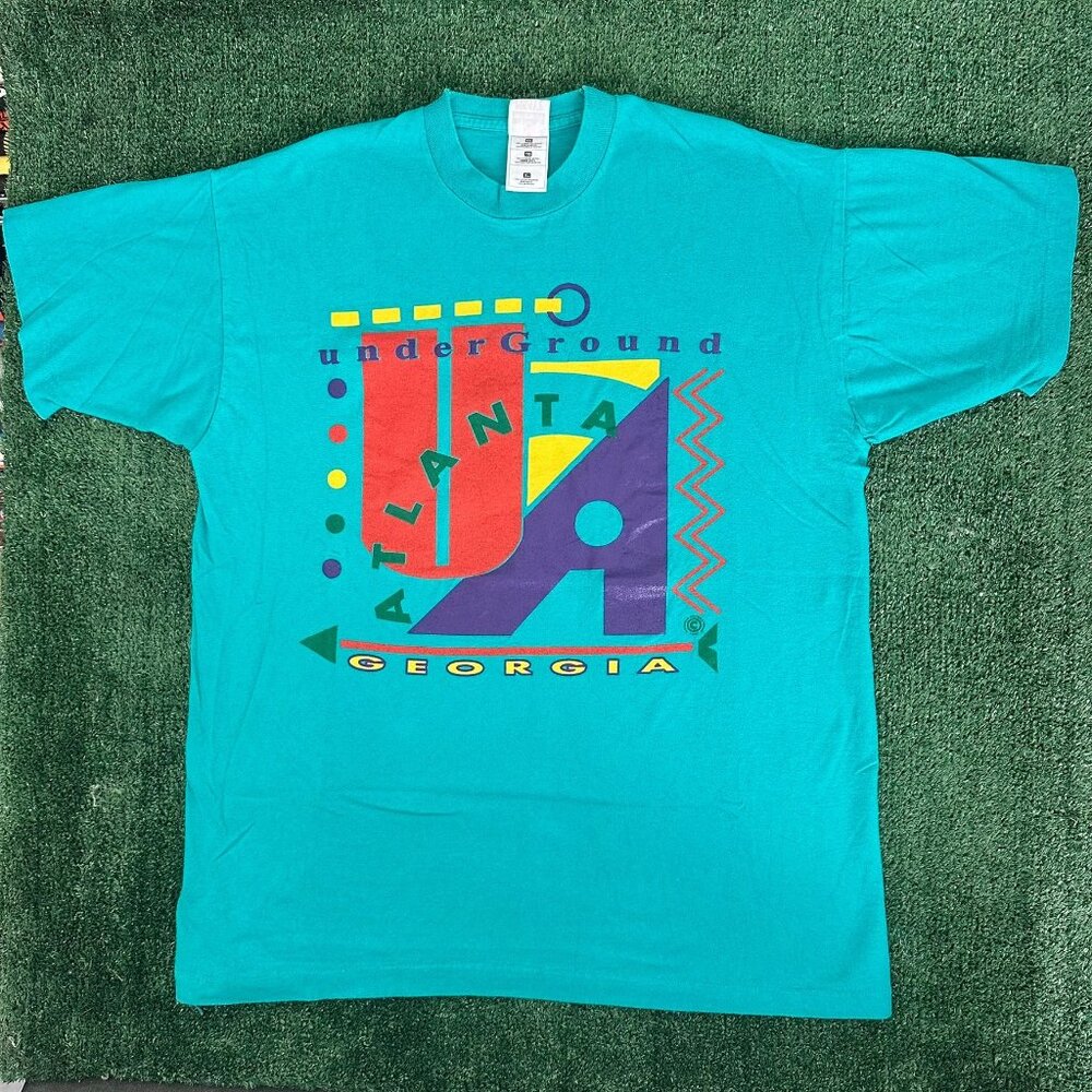 Vintage 90s Atlanta Underground T-Shirt Teal XL Single Stitch Tourist Colorful - Picture 1 of 6